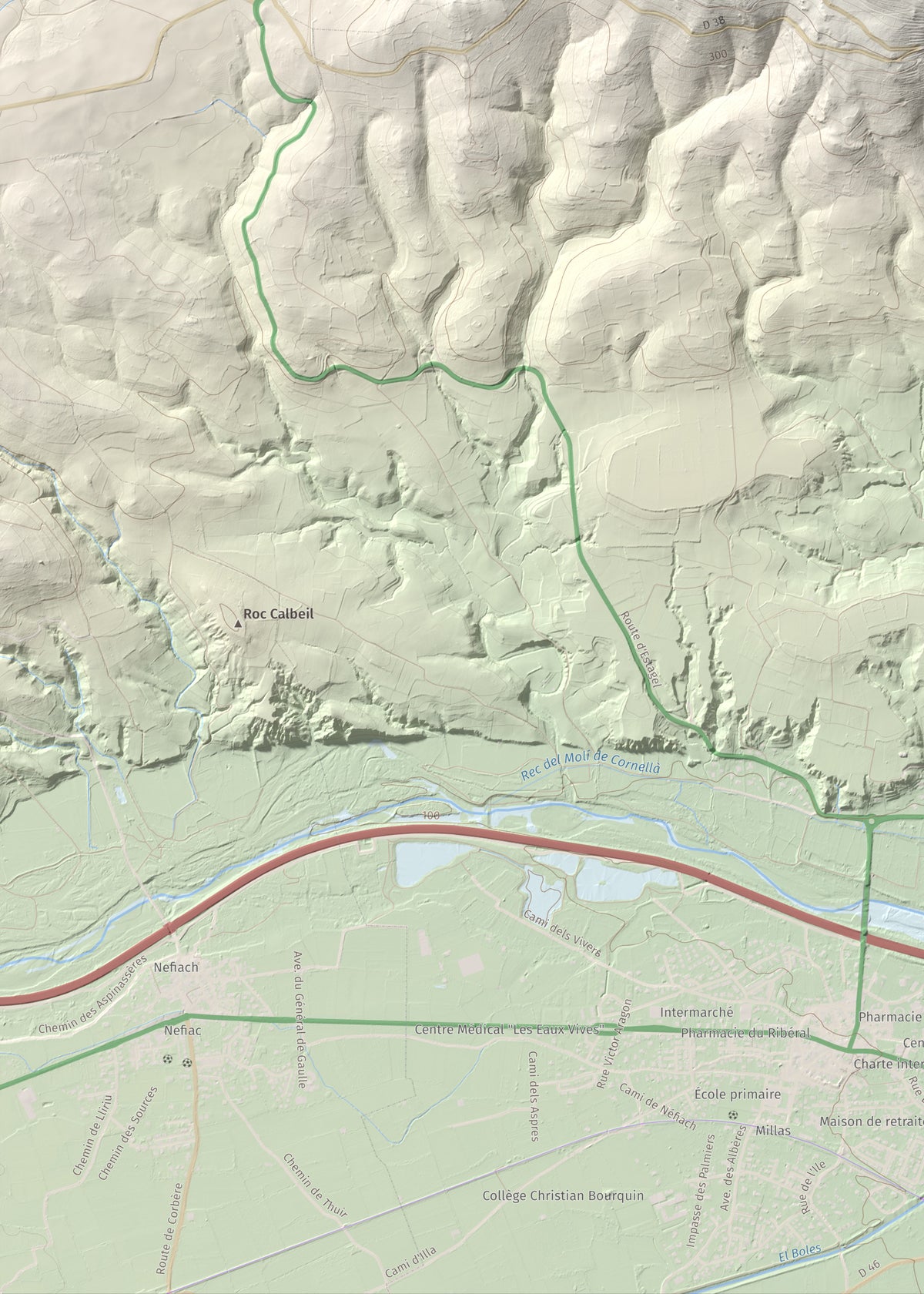 Mapa de relieve de Força Real, 507 m, Rosselló, lámina 100 Cims de Trobart. Detalle de la zona inferior izquierda. 50 × 70 cm.