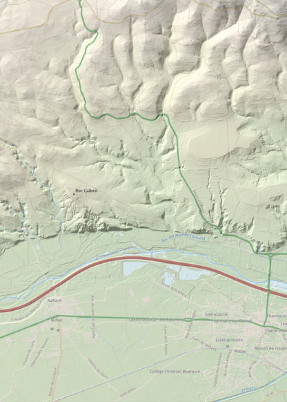 Mapa de relieve de Força Real, 507 m, Rosselló, lámina 100 Cims de Trobart. Detalle de la zona inferior izquierda. 50 × 70 cm.