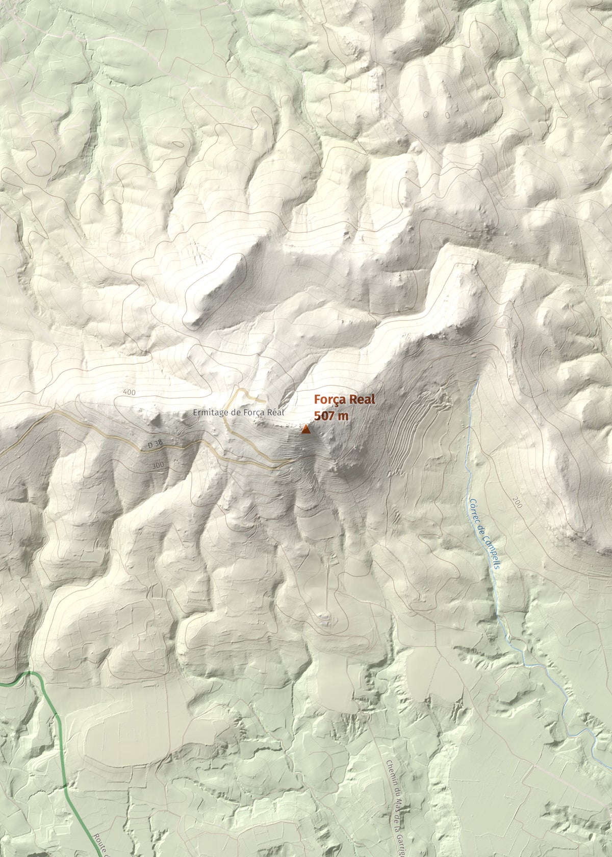 Mapa de relieve de Força Real, 507 m, Rosselló, lámina 100 Cims de Trobart. Detalle de la zona central. 50 × 70 cm.