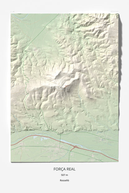Mapa de relieve de Força Real, 507 m, Rosselló, lámina 100 Cims de Trobart 61 × 91 cm.