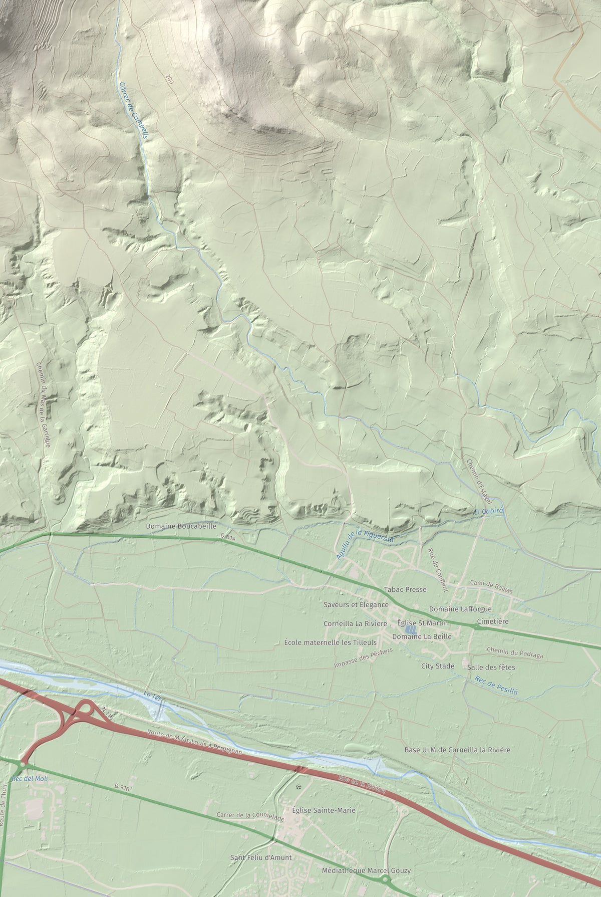 Mapa de relieve de Força Real, 507 m, Rosselló, lámina 100 Cims de Trobart. Detalle de la zona inferior derecha. 61 × 91 cm.