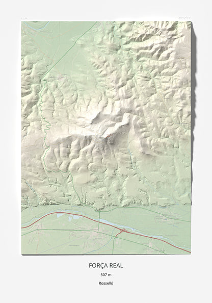 Mapa de relieve de Força Real, 507 m, Rosselló, lámina 100 Cims de Trobart 70 × 100 cm.