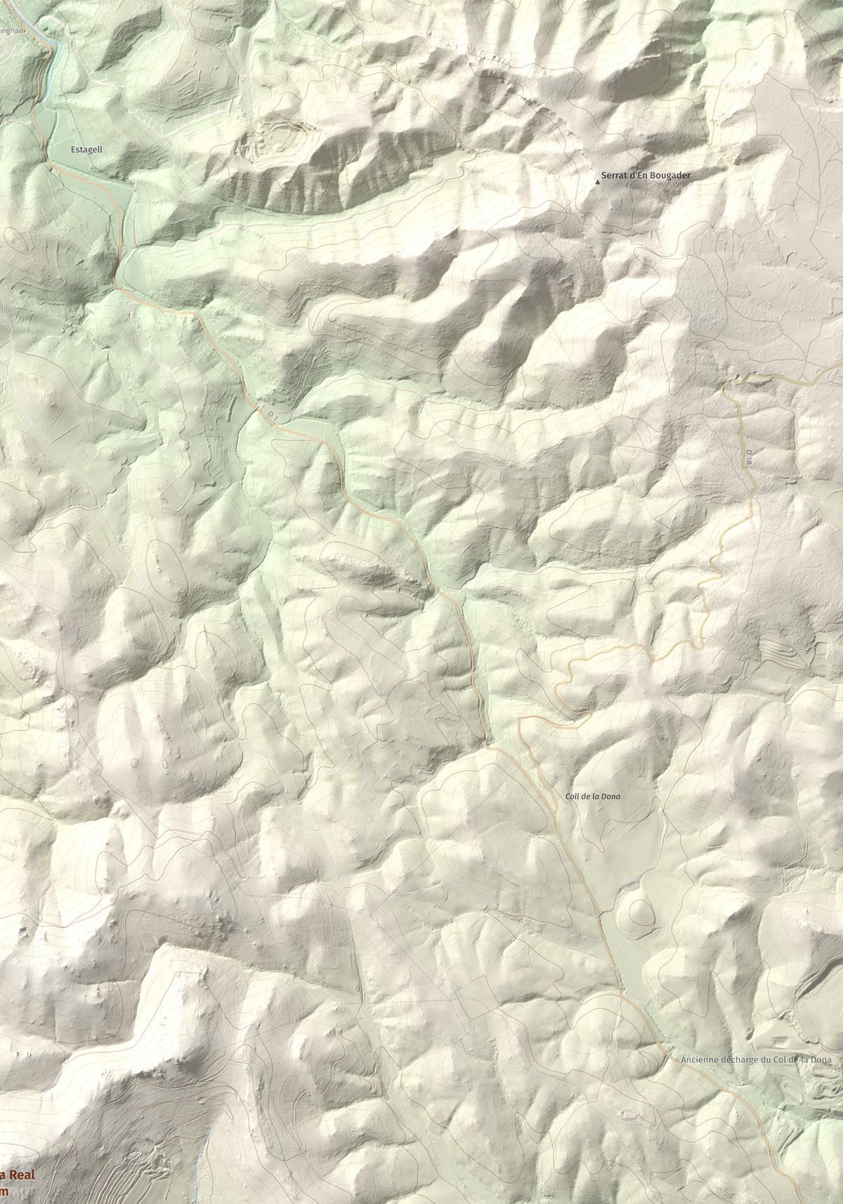 Mapa de relieve de Força Real, 507 m, Rosselló, lámina 100 Cims de Trobart. Detalle de la zona superior derecha. 70 × 100 cm.