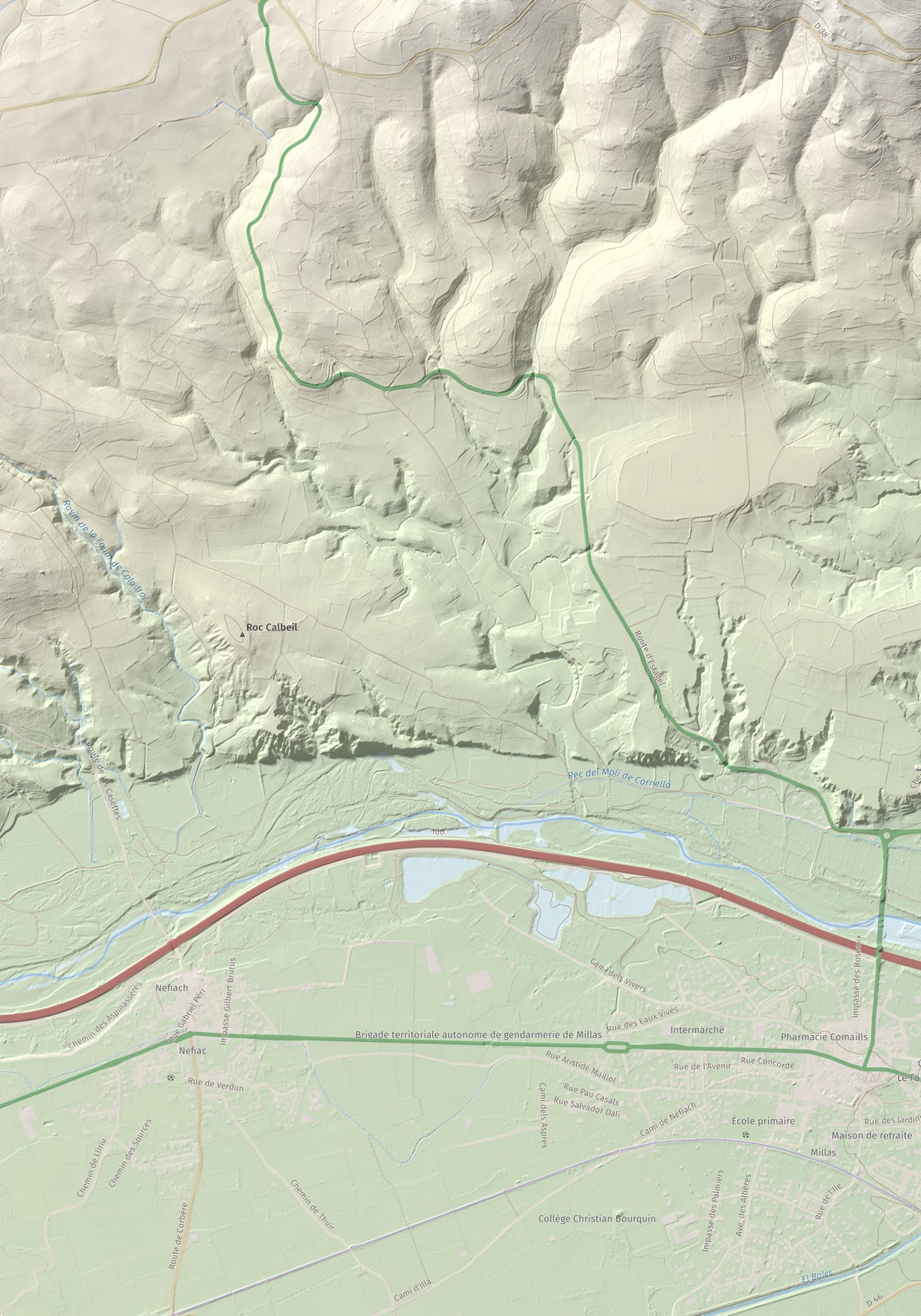 Mapa de relieve de Força Real, 507 m, Rosselló, lámina 100 Cims de Trobart. Detalle de la zona inferior izquierda. 70 × 100 cm.