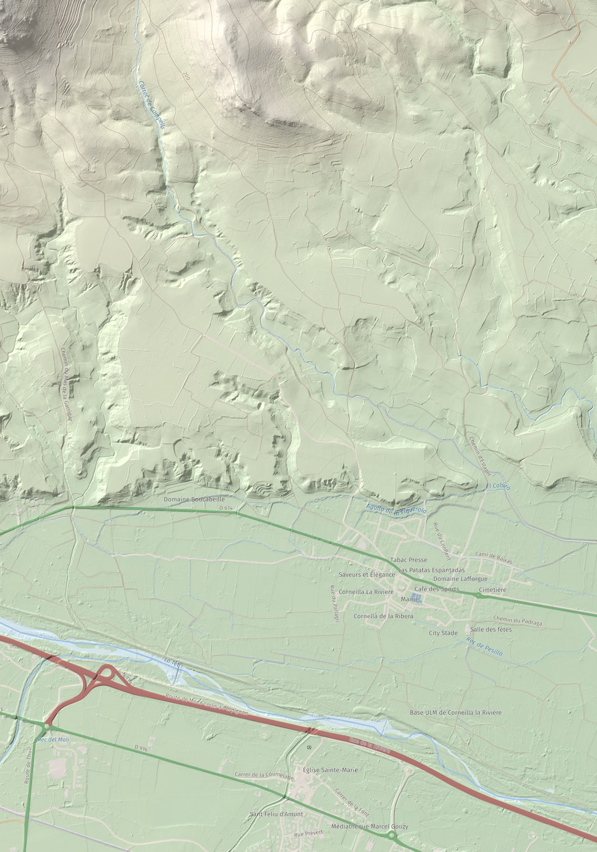 Mapa de relieve de Força Real, 507 m, Rosselló, lámina 100 Cims de Trobart. Detalle de la zona inferior derecha. 70 × 100 cm.