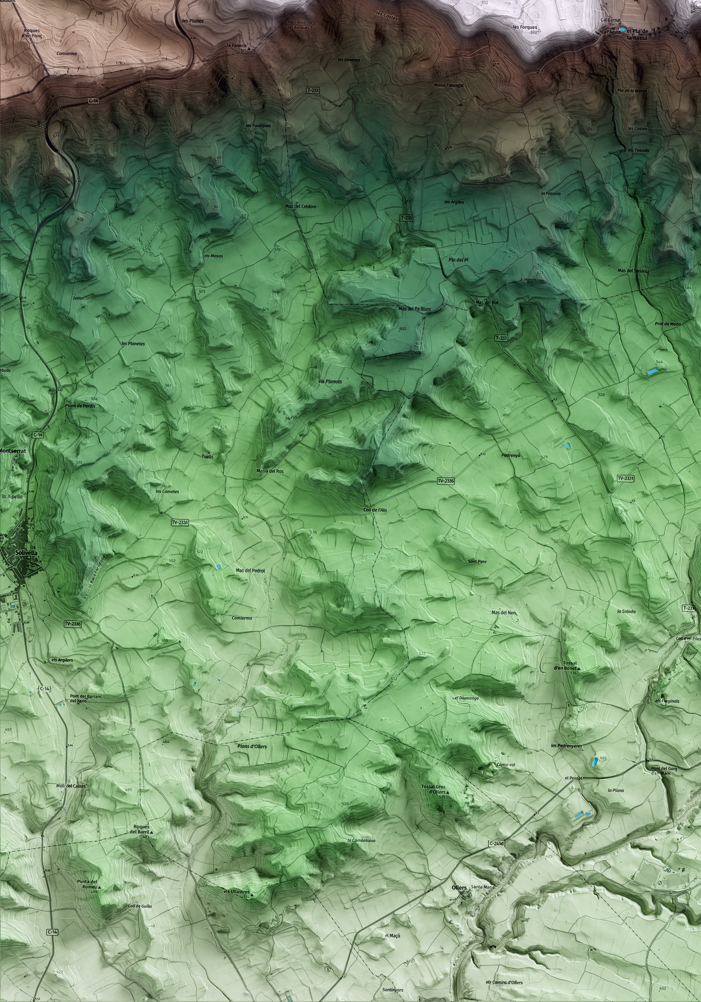 Mapa artístico del relieve de Forès, a la Conca de Barberà, con 15 km de entorno y base topográfica ICGC. Detalle de la zona inferior izquierda.