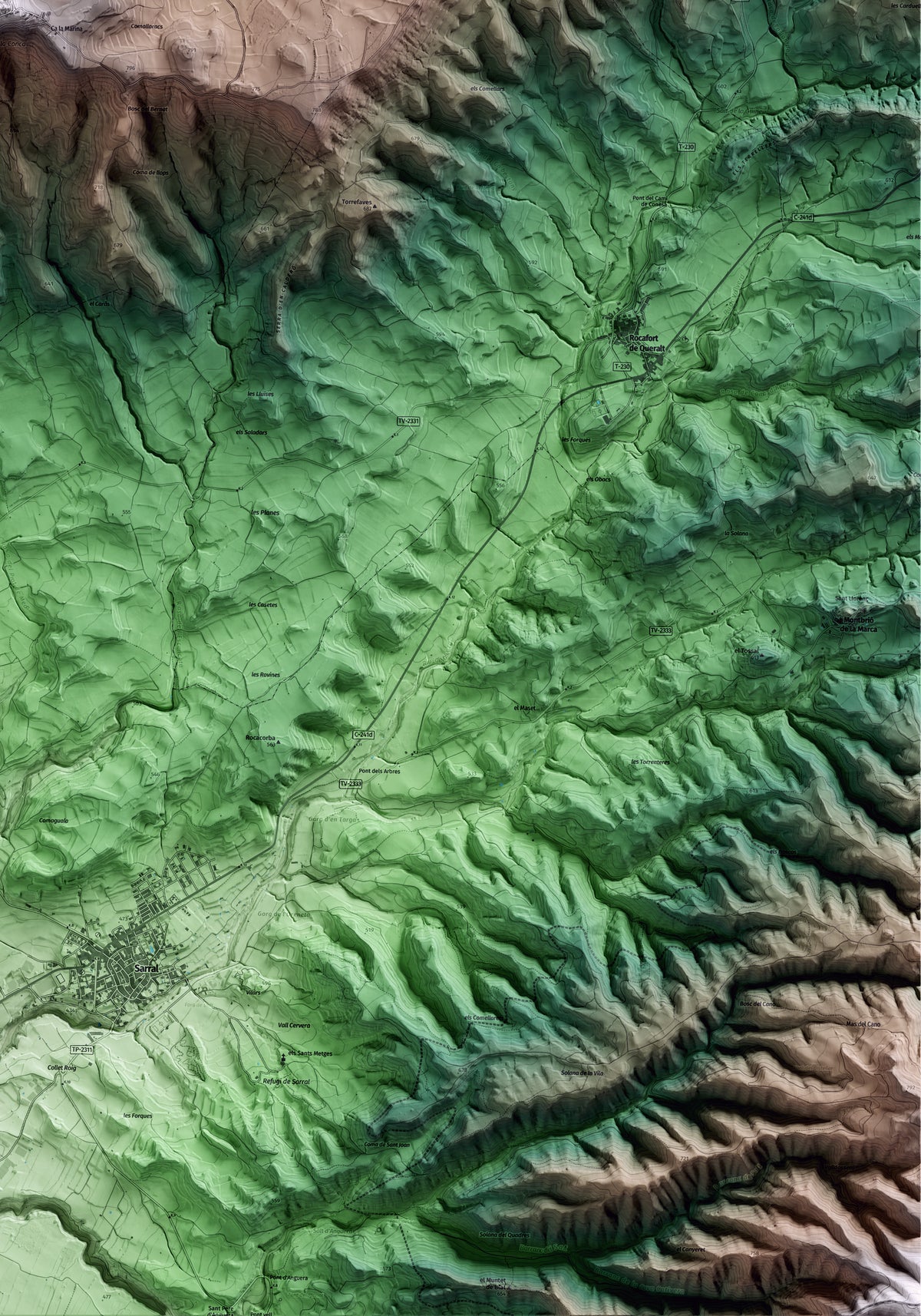 Mapa artístico del relieve de Forès, a la Conca de Barberà, con 15 km de entorno y base topográfica ICGC. Detalle de la zona inferior derecha.