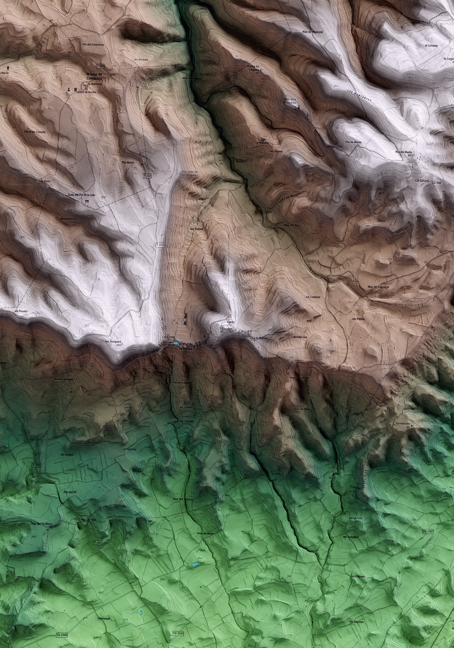 Mapa artístico del relieve de Forès, a la Conca de Barberà, con 15 km de entorno y base topográfica ICGC. Detalle de la zona central.