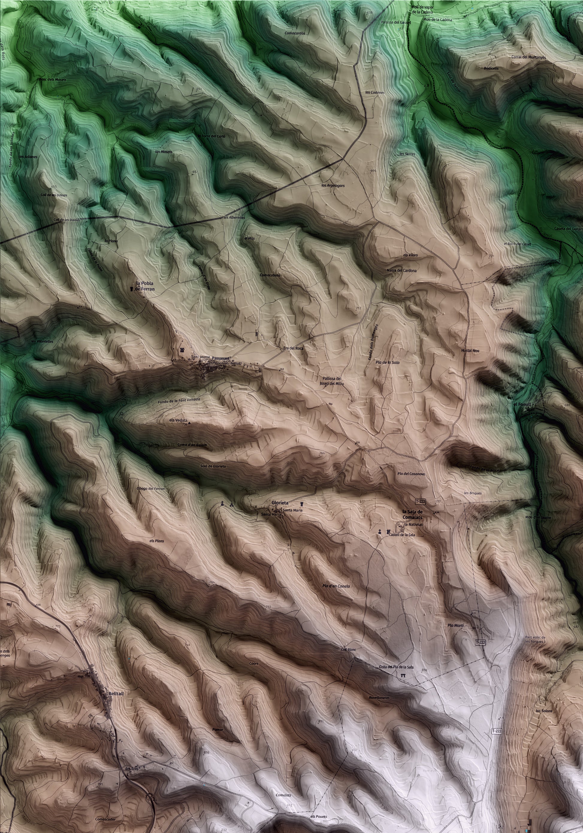 Mapa artístico del relieve de Forès, a la Conca de Barberà, con 15 km de entorno y base topográfica ICGC. Detalle de la zona superior izquierda.