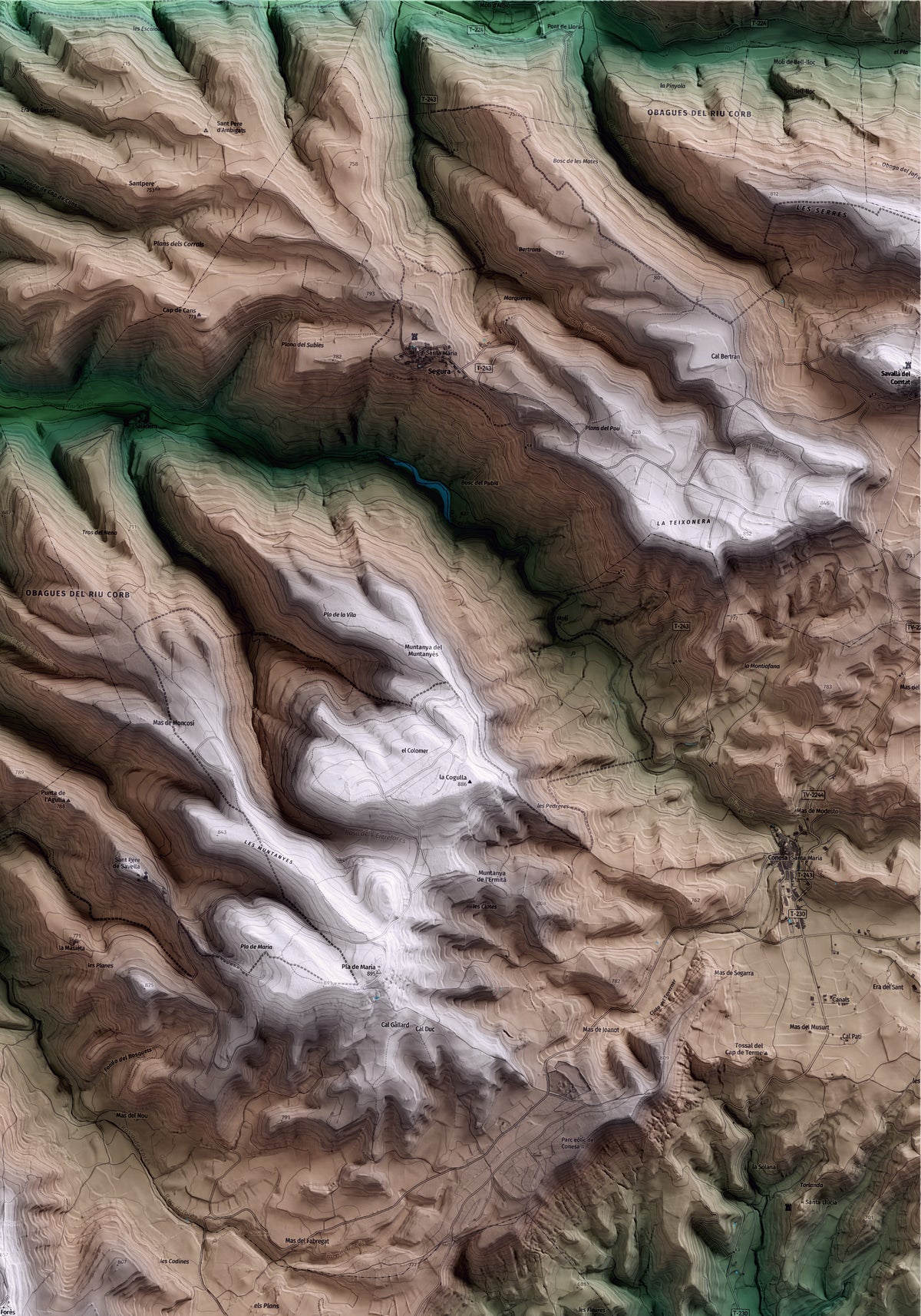 Mapa artístico del relieve de Forès, a la Conca de Barberà, con 15 km de entorno y base topográfica ICGC. Detalle de la zona superior derecha.