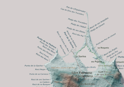 Edició octubre 2026 · Mapa topogràfic de Formentera, Blau i taronja, 21 × 30 cm: detall de la costa nord-oest.