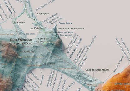 Edició octubre 2026 · Mapa topogràfic de Formentera, Blau i taronja, 21 × 30 cm: detall central.