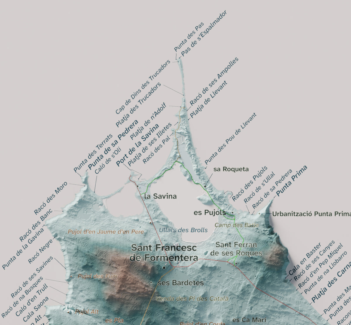 Mapa topográfico de Formentera, Azul y naranja, 21 × 30 cm: Illetes y costa norte.