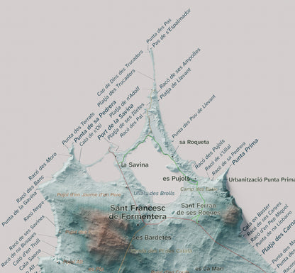 Mapa topográfico de Formentera, Azul y naranja, 21 × 30 cm: Illetes y costa norte.