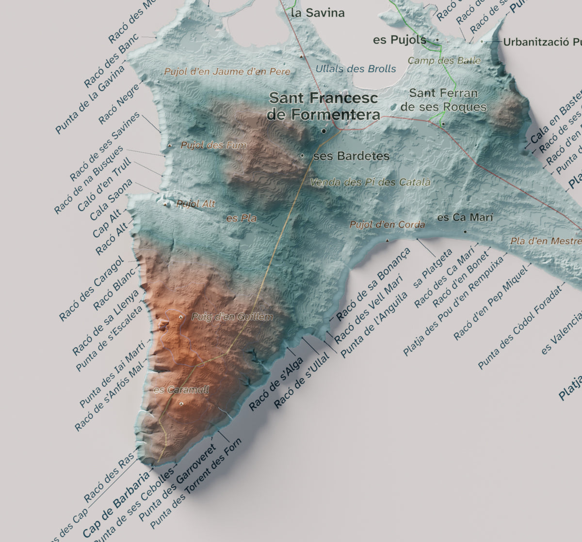 Mapa topográfico de Formentera, Azul y naranja, 21 × 30 cm: Cala Saona y Cap de Barbaria.
