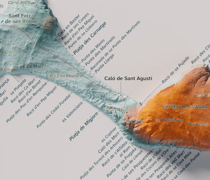 Mapa topográfico de Formentera, Azul y naranja, 21 × 30 cm: Migjorn y Caló de Sant Agustí.