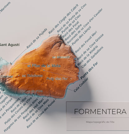 Mapa topográfico de Formentera, Azul y naranja, 21 × 30 cm: la Mola y costa este.
