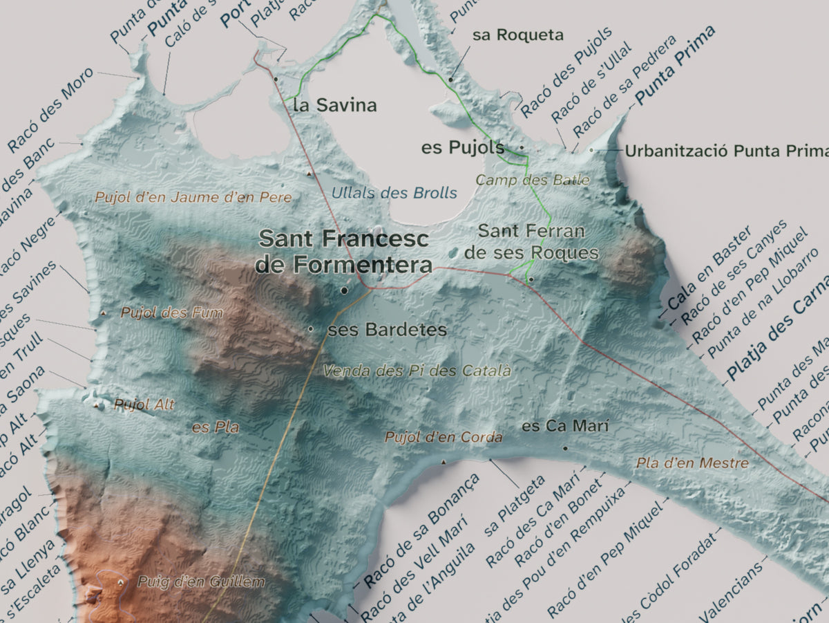Mapa topográfico de Formentera, Azul y naranja, 21 × 30 cm: Sant Francesc y pueblos.