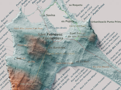 Mapa topográfico de Formentera, Azul y naranja, 21 × 30 cm: Sant Francesc y pueblos.