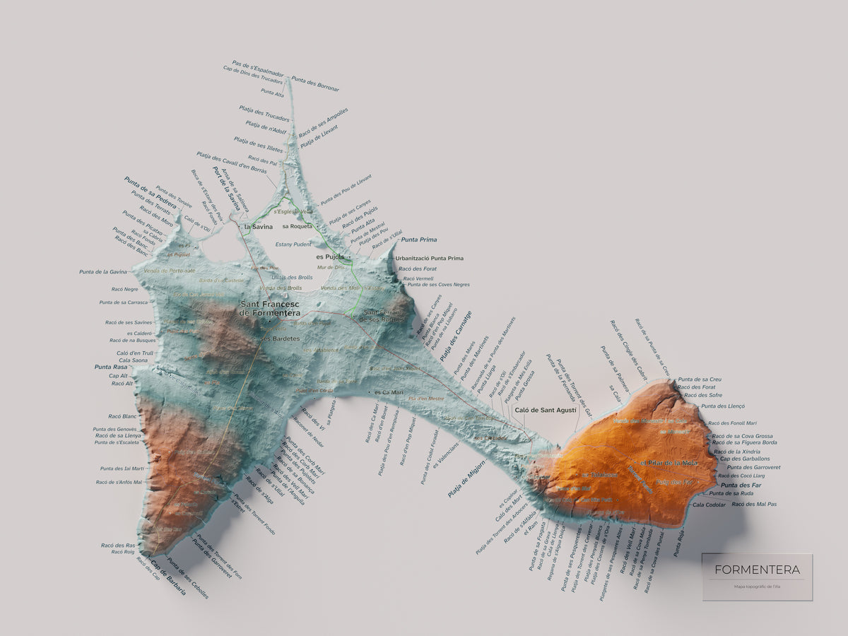 Edició octubre 2026 · Mapa topogràfic de Formentera, Blau i taronja, 30 × 40 cm: mapa complet.
