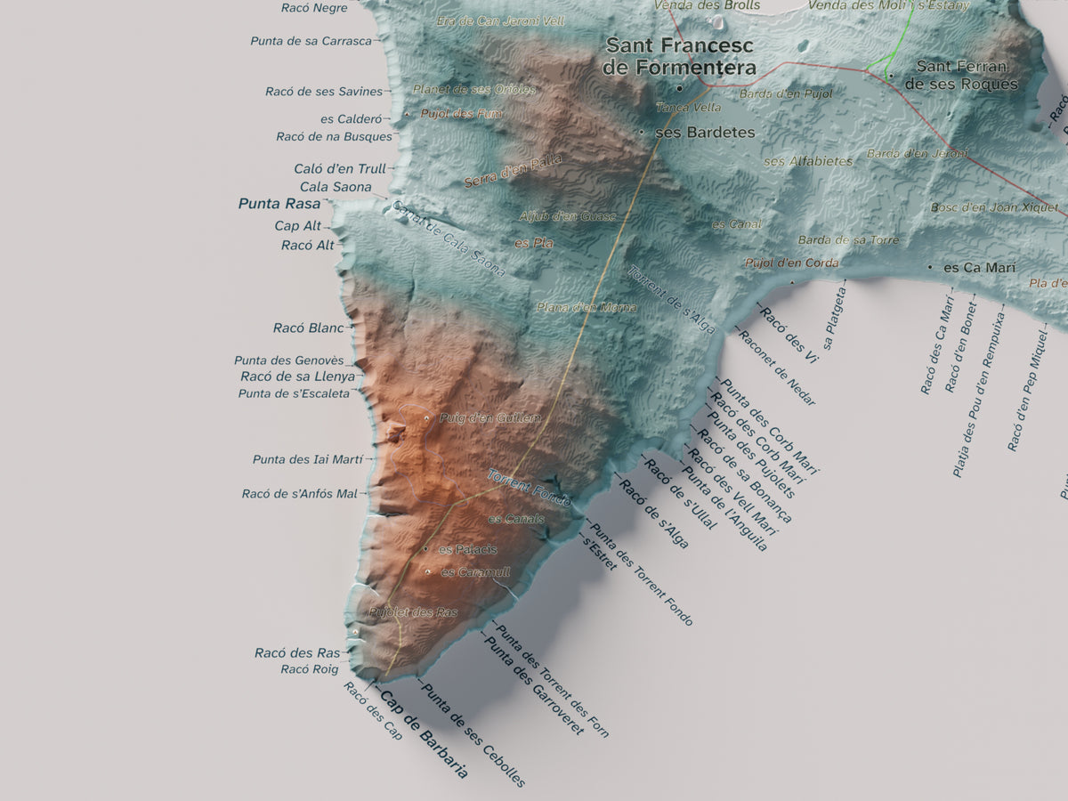 Edició octubre 2026 · Mapa topogràfic de Formentera, Blau i taronja, 30 × 40 cm: detall de la costa sud-oest.
