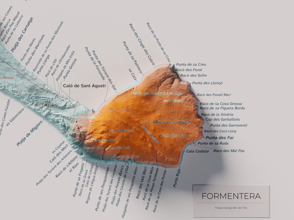 Edició octubre 2026 · Mapa topogràfic de Formentera, Blau i taronja, 30 × 40 cm: detall de la costa sud-est.