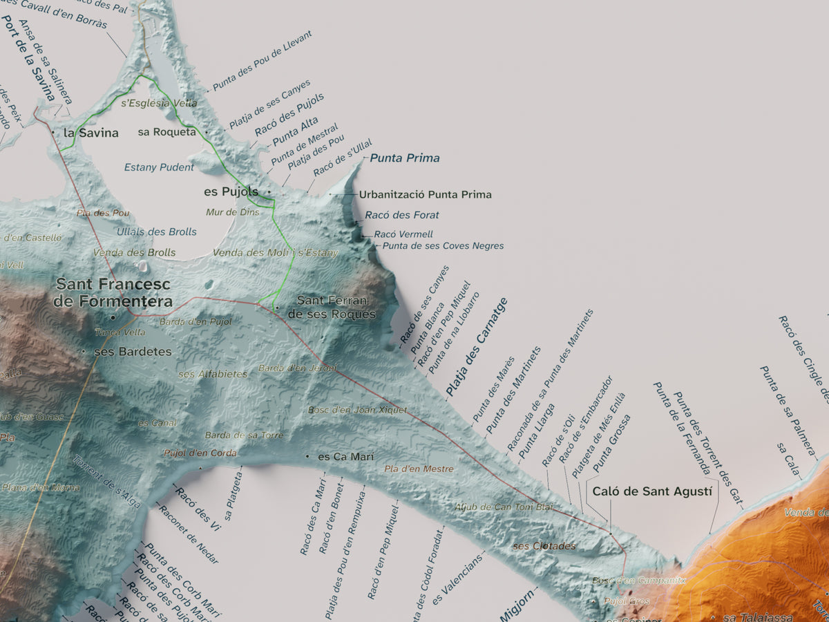 Edició octubre 2026 · Mapa topogràfic de Formentera, Blau i taronja, 30 × 40 cm: detall central.