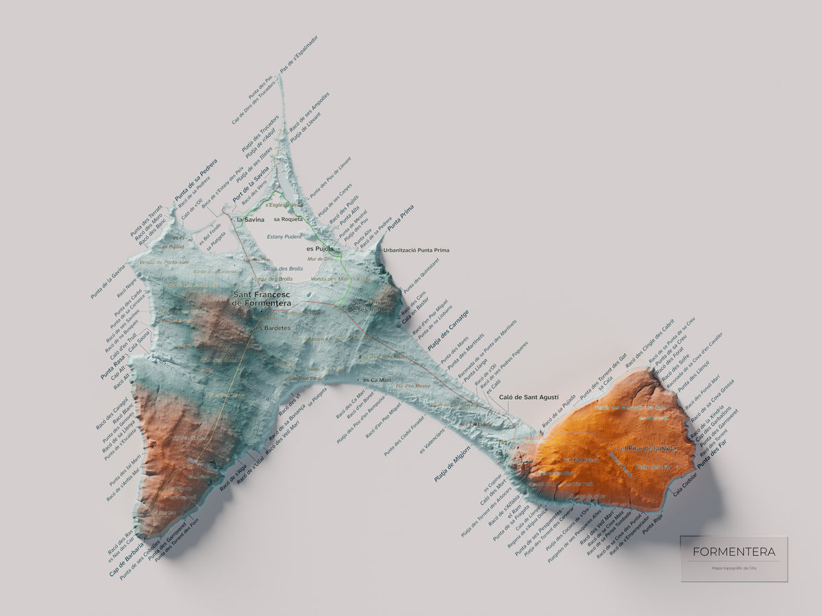 Mapa topográfico de Formentera, Azul y naranja, 30 × 40 cm: mapa completo.