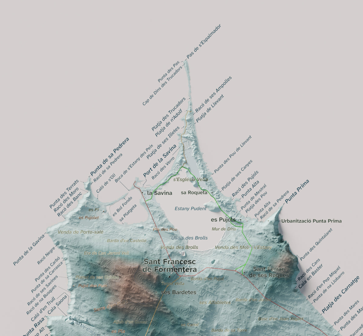 Mapa topográfico de Formentera, Azul y naranja, 30 × 40 cm: Illetes y costa norte.
