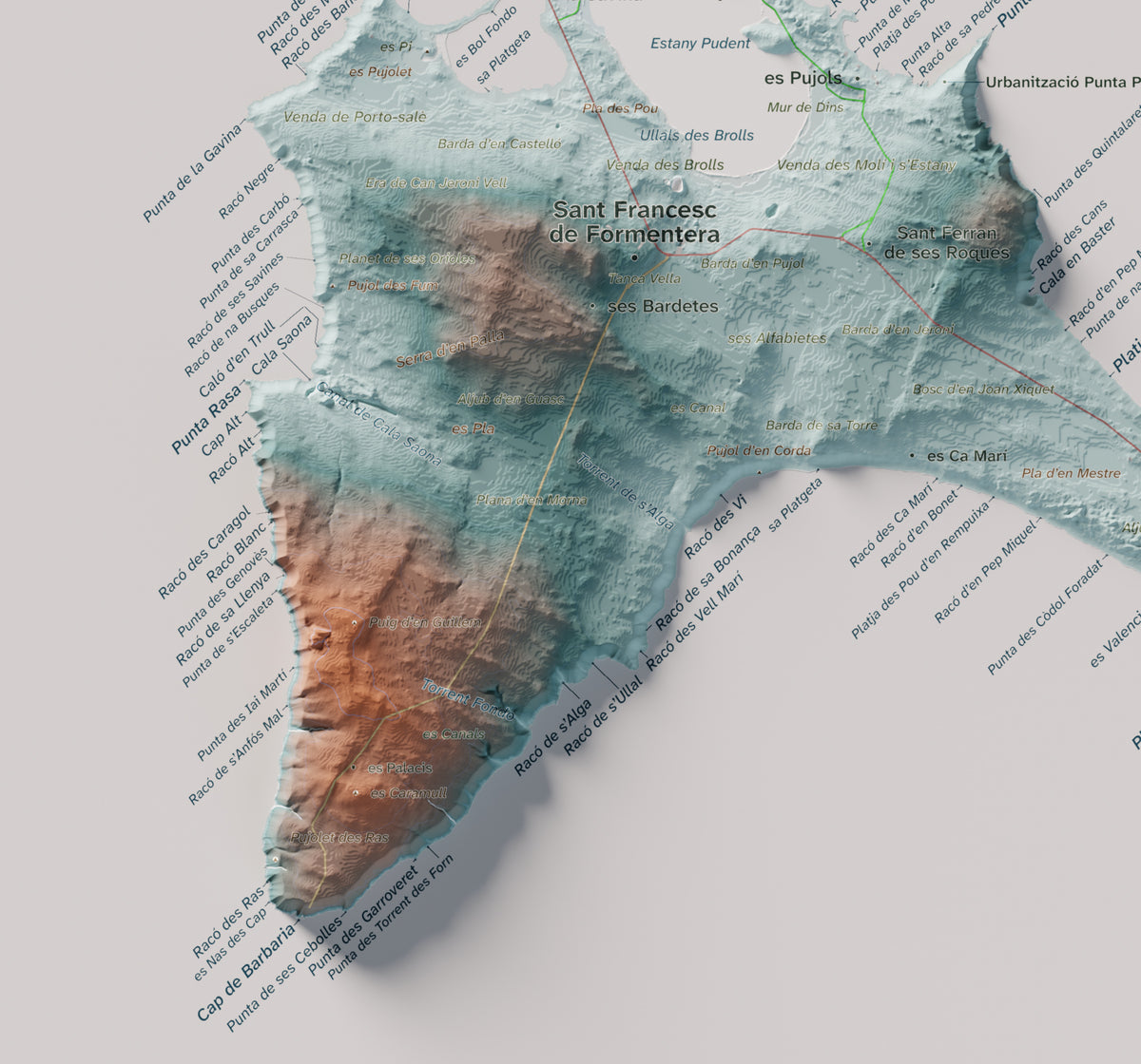 Mapa topográfico de Formentera, Azul y naranja, 30 × 40 cm: Cala Saona y Cap de Barbaria.
