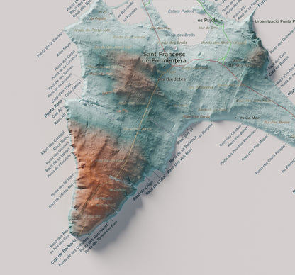 Mapa topográfico de Formentera, Azul y naranja, 30 × 40 cm: Cala Saona y Cap de Barbaria.