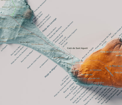 Mapa topográfico de Formentera, Azul y naranja, 30 × 40 cm: Migjorn y Caló de Sant Agustí.