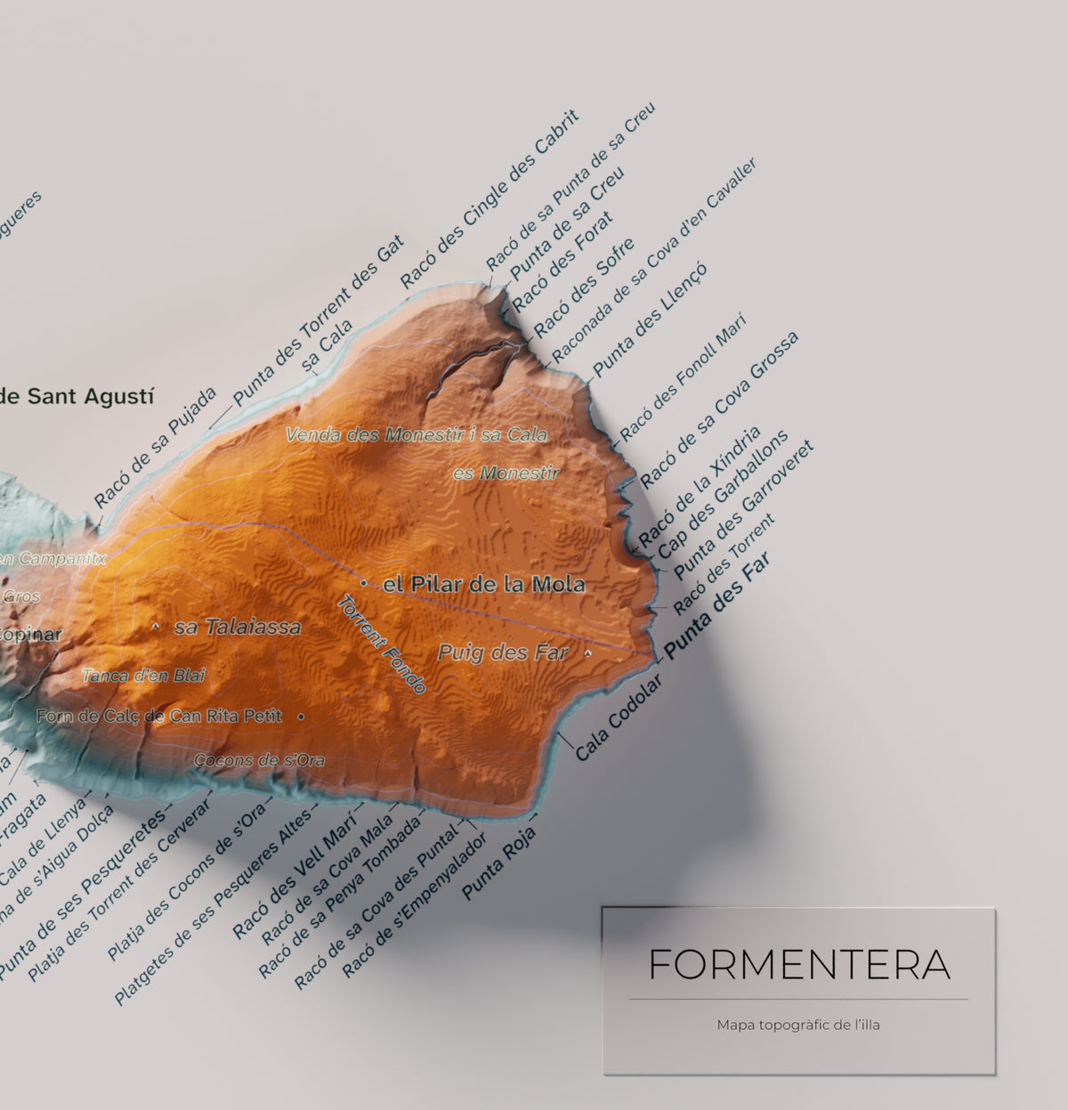 Mapa topográfico de Formentera, Azul y naranja, 30 × 40 cm: la Mola y costa este.