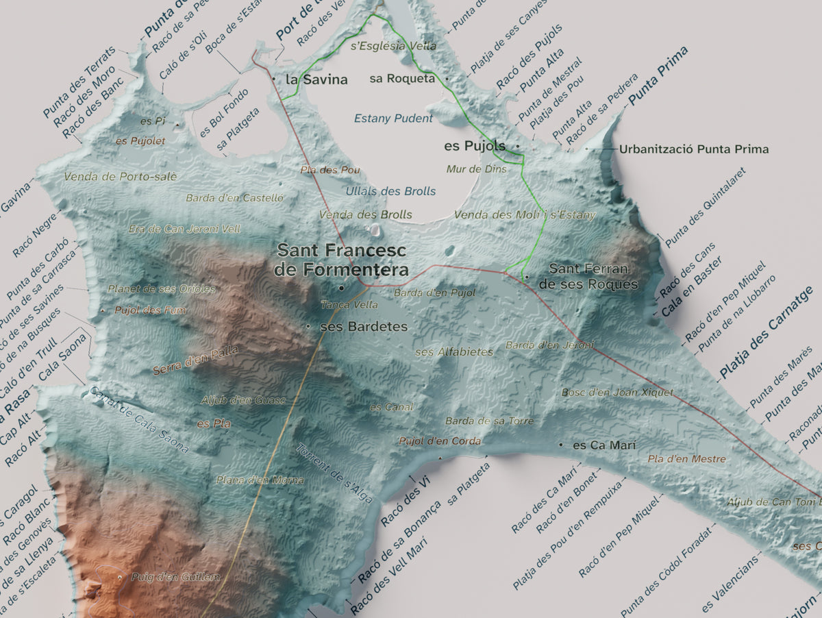 Mapa topográfico de Formentera, Azul y naranja, 30 × 40 cm: Sant Francesc y pueblos.