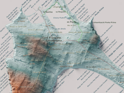 Mapa topográfico de Formentera, Azul y naranja, 30 × 40 cm: Sant Francesc y pueblos.
