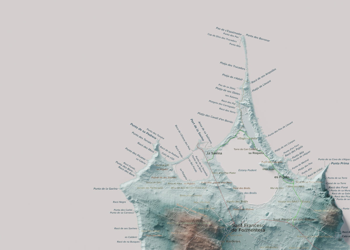 Edició octubre 2026 · Mapa topogràfic de Formentera, Blau i taronja, 50 × 70 cm: detall de la costa nord-oest.