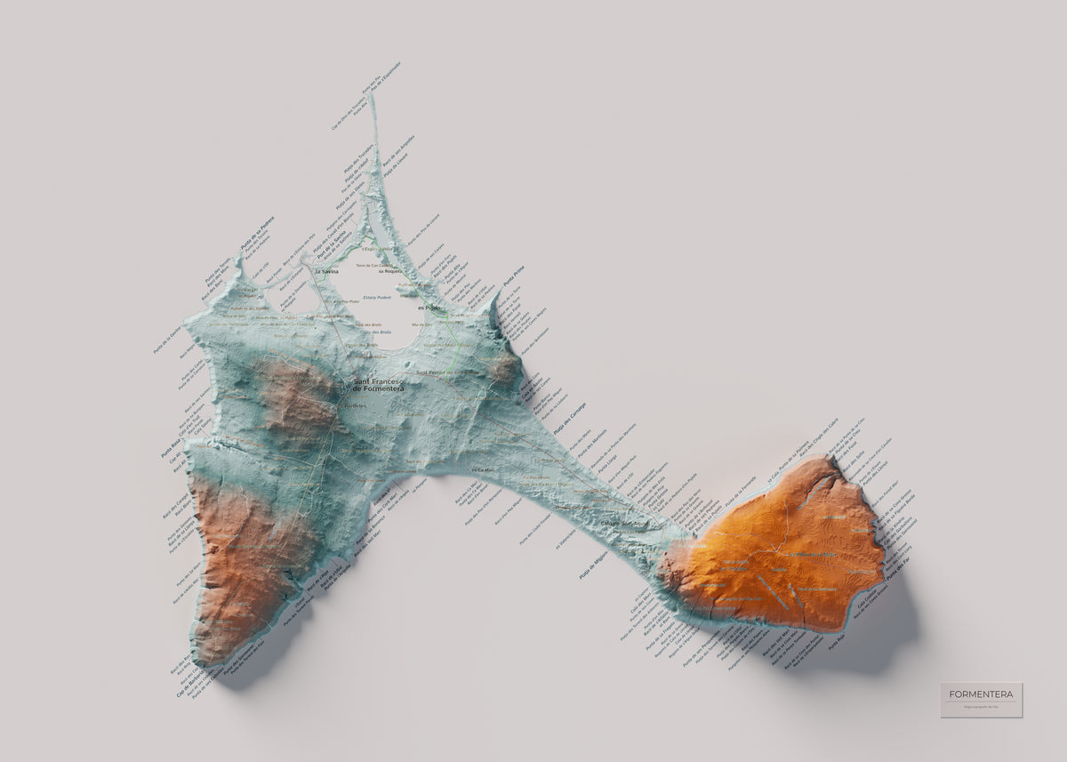 Mapa topográfico de Formentera, Azul y naranja, 50 × 70 cm: mapa completo.