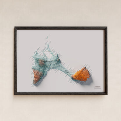 Mapa topográfico de Formentera, Azul y naranja, 50 × 70 cm: presentación en marco negro (marco no incluido).