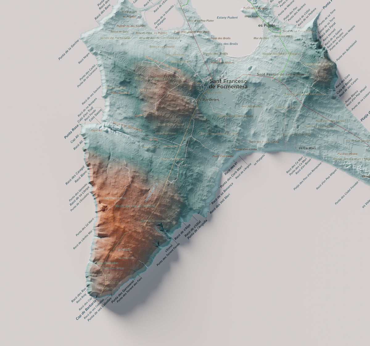 Mapa topográfico de Formentera, Azul y naranja, 50 × 70 cm: Cala Saona y Cap de Barbaria.