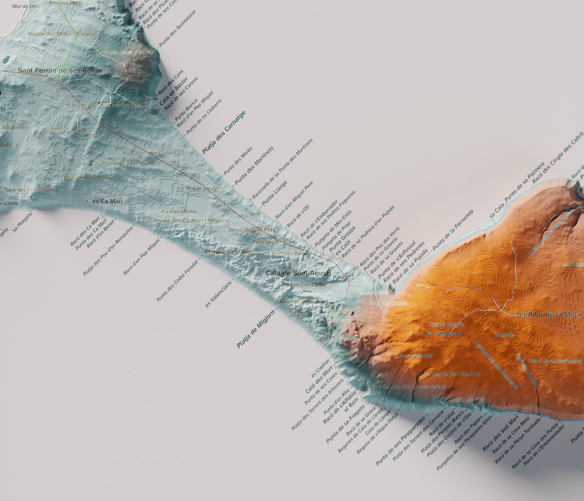 Mapa topográfico de Formentera, Azul y naranja, 50 × 70 cm: Migjorn y Caló de Sant Agustí.