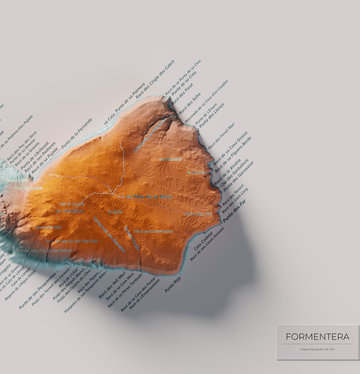Mapa topográfico de Formentera, Azul y naranja, 50 × 70 cm: la Mola y costa este.