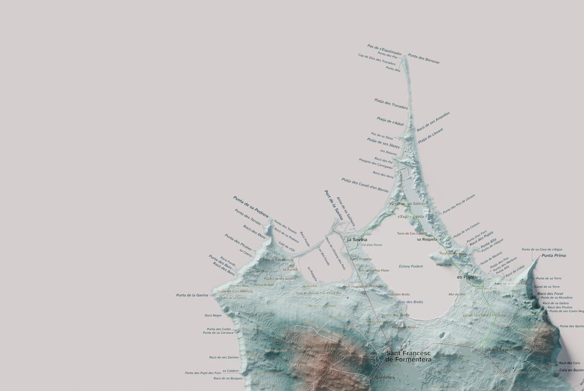 Edició octubre 2026 · Mapa topogràfic de Formentera, Blau i taronja, 61 × 91 cm: detall de la costa nord-oest.