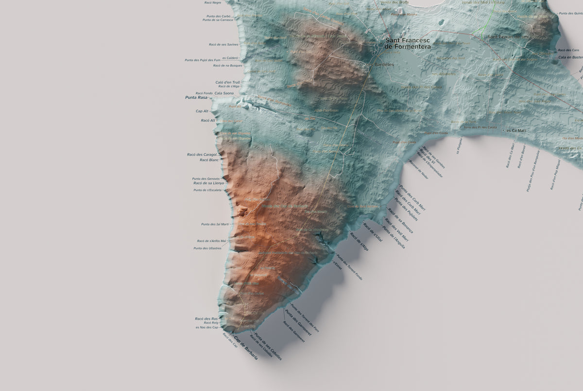 Edició octubre 2026 · Mapa topogràfic de Formentera, Blau i taronja, 61 × 91 cm: detall de la costa sud-oest.