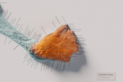 Edició octubre 2026 · Mapa topogràfic de Formentera, Blau i taronja, 61 × 91 cm: detall de la costa sud-est.
