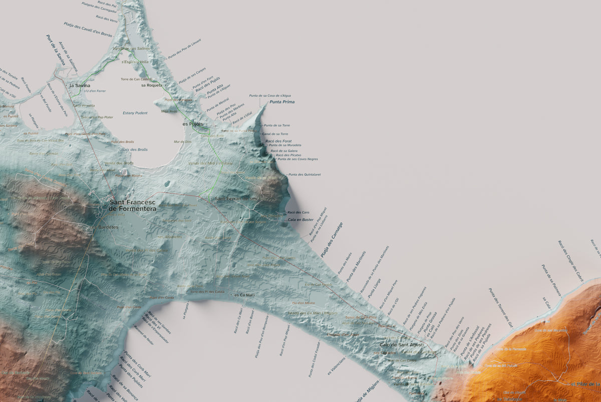 Edició octubre 2026 · Mapa topogràfic de Formentera, Blau i taronja, 61 × 91 cm: detall central.