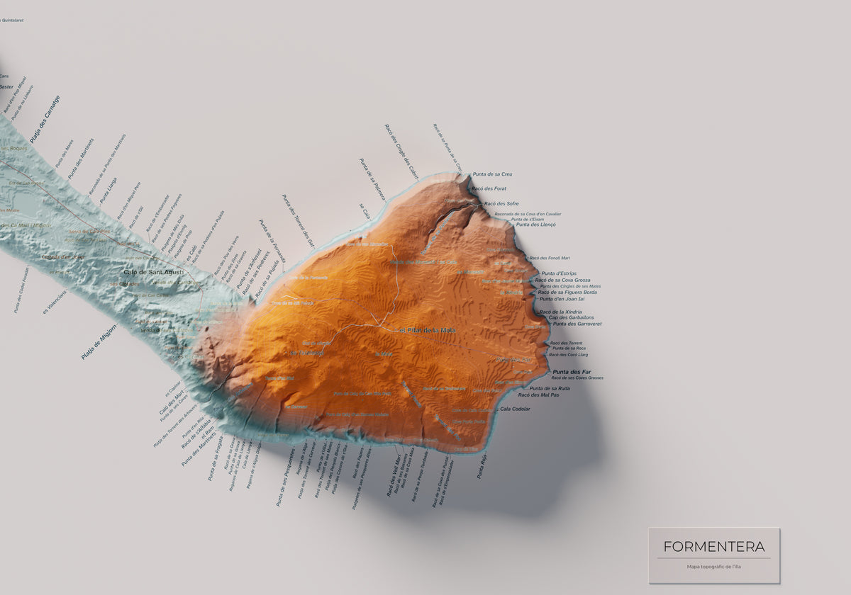 Edició octubre 2026 · Mapa topogràfic de Formentera, Blau i taronja, 70 × 100 cm: detall de la costa sud-est.