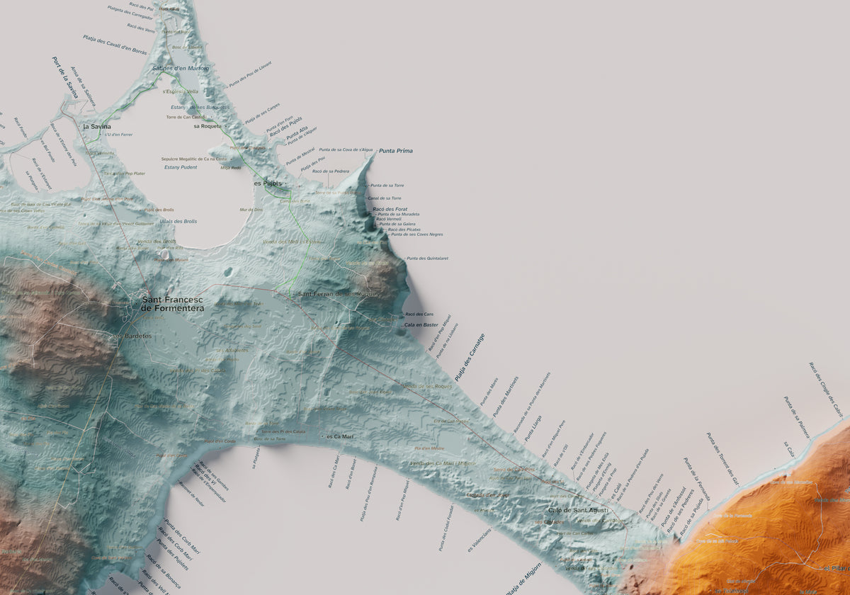 Edició octubre 2026 · Mapa topogràfic de Formentera, Blau i taronja, 70 × 100 cm: detall central.