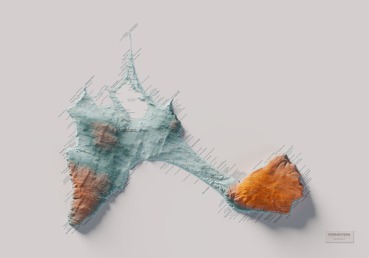 Mapa topográfico de Formentera, Azul y naranja, 70 × 100 cm: mapa completo.