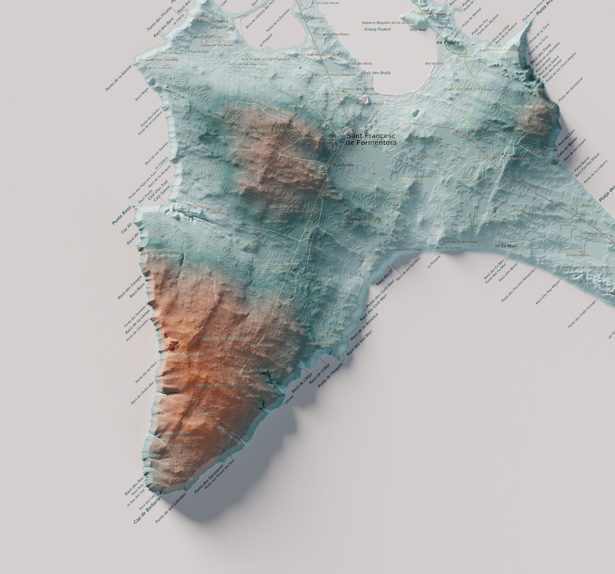 Mapa topográfico de Formentera, Azul y naranja, 70 × 100 cm: Cala Saona y Cap de Barbaria.