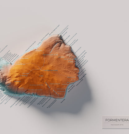 Mapa topográfico de Formentera, Azul y naranja, 70 × 100 cm: la Mola y costa este.